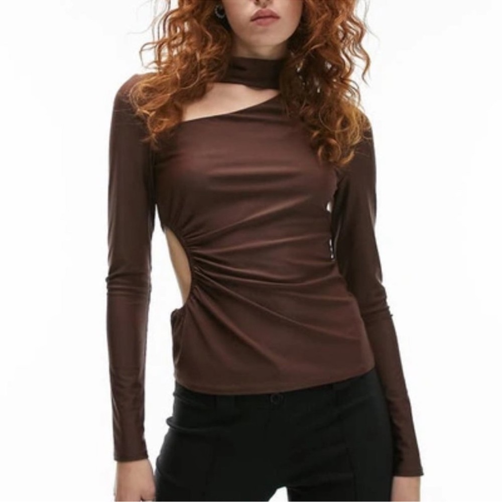 Topshop Brown Long Sleeve High Neck Cut Out Silk Type Material